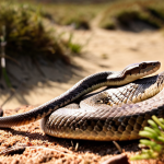 **

A sunny Dutch heathland scene. In the foreground, a "Gladde slang" (smooth snake) basks on a sun-warmed rock. Use a shallow depth of field to blur the background of heather and sand. Focus on capturing the snake's smooth scales and the dappled sunlight.

**