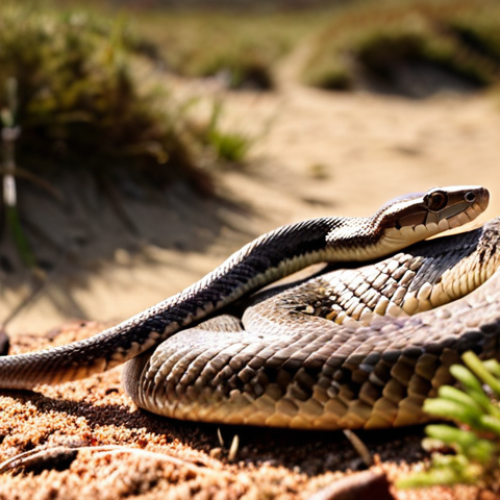 **

A sunny Dutch heathland scene. In the foreground, a "Gladde slang" (smooth snake) basks on a sun-warmed rock. Use a shallow depth of field to blur the background of heather and sand. Focus on capturing the snake's smooth scales and the dappled sunlight.

**