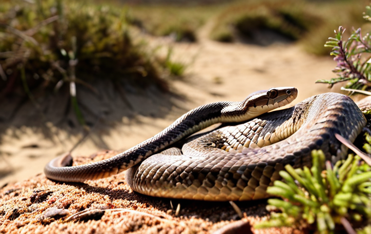 **
A sunny Dutch heathland scene. In the foreground, a "Gladde slang" (smooth snake) basks on a sun-warmed rock. Use a shallow depth of field to blur the background of heather and sand. Focus on capturing the snake's smooth scales and the dappled sunlight.
**